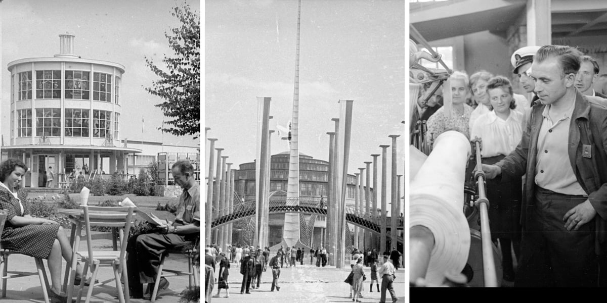Kolaż 3 archiwalnych zdjęć dotyczących wystawy Ziem Odzyskanych, która odbyła się w 1948 roku we Wrocławiu