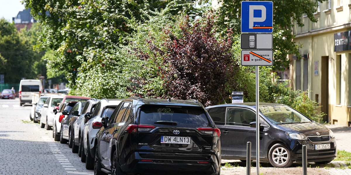 Samochody zaparkowane na ulicy księcia Witolda. Informacja o konieczności wniesienia opłaty czeka na odsłonięcie 