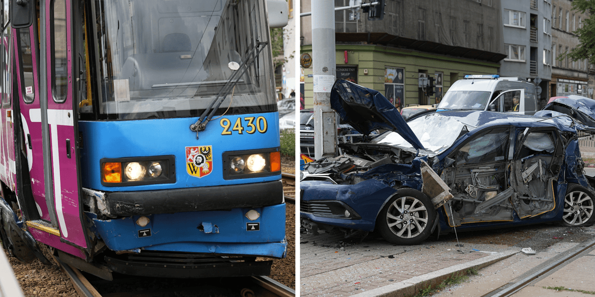 Wypadek u zbiegu Komuny Paryskiej i Pułaskiego. Widać samochód, tramwaj i służby