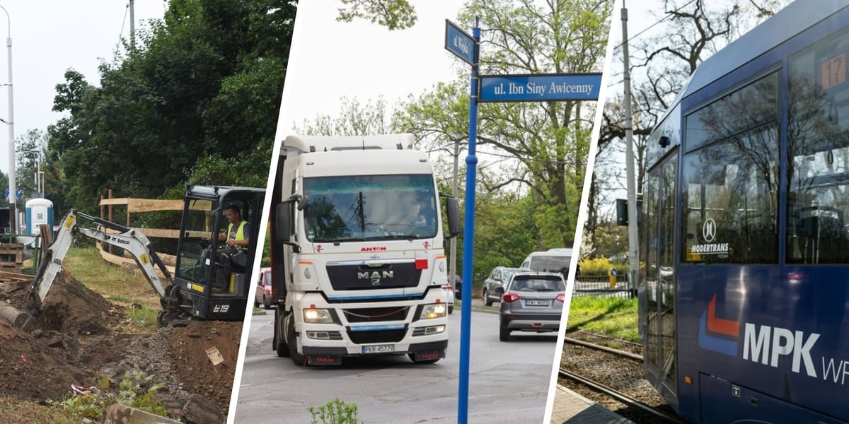 Koparka na budowie torów na Przyjaźni | ciężarówka na skrzyżowaniu na Oporowie do przebudowy | tramwaj 17 na pętli Klecina