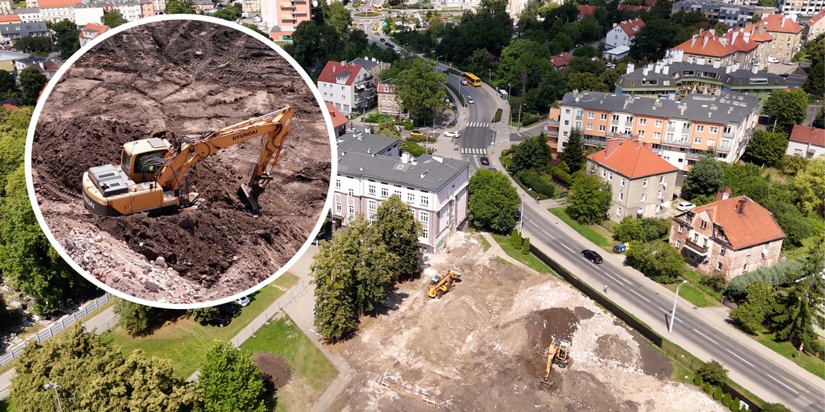 Widok z góry na teren przy SP6, gdzie trwa rozbudowa, w kółku z lewej koparka
