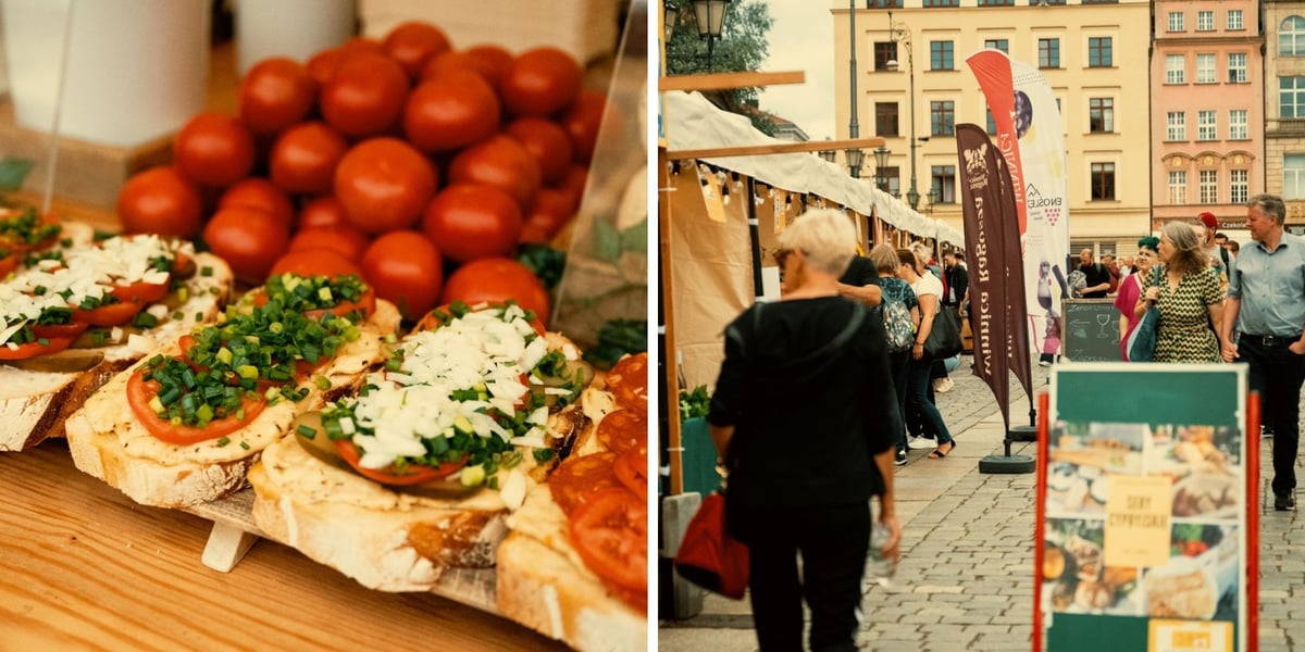 Po lewej: kanapki, po prawej: stoiska festiwalowe