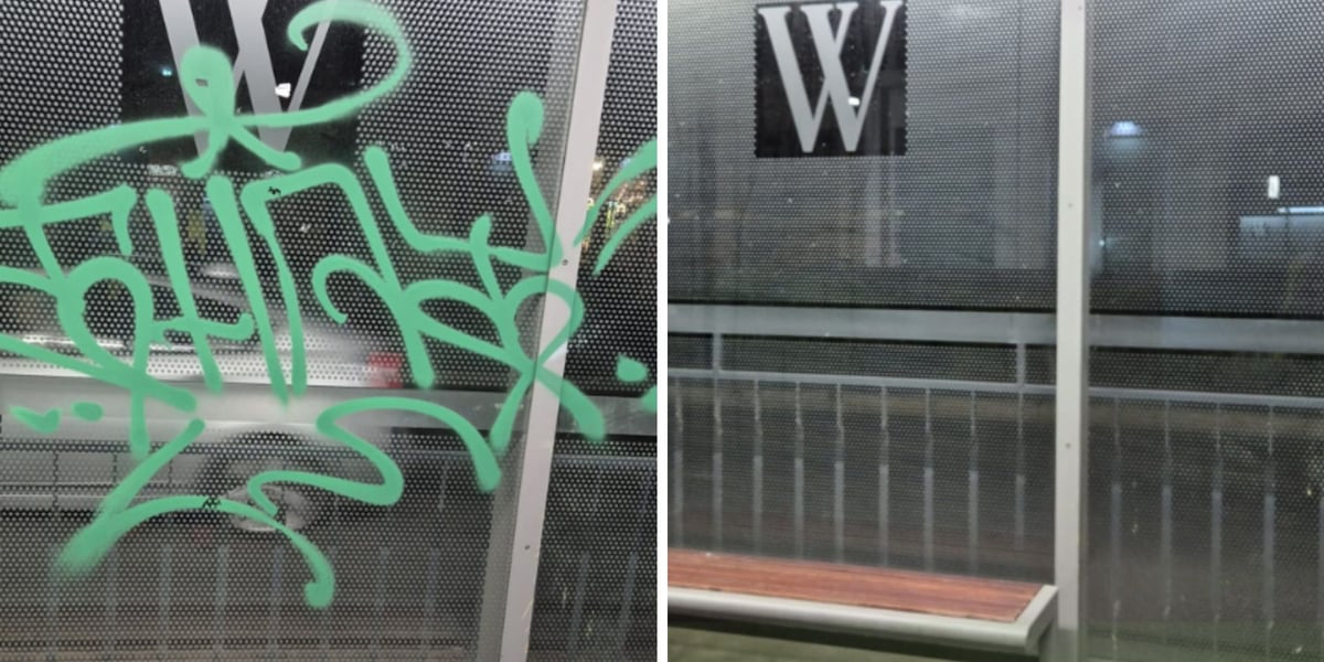 Po lewej: graffiti na przystanku, po prawej: przystanek po usunięciu graffiti