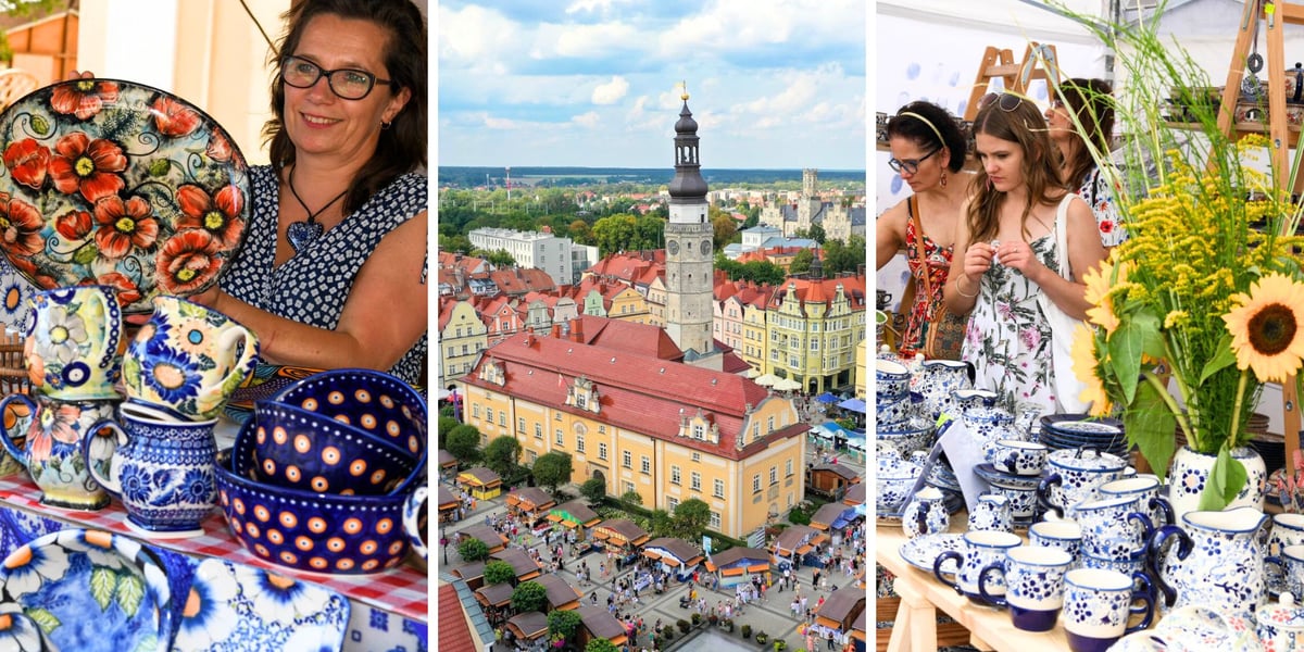 Na zdjęciach z prawej i z lewej stoiska z ceramiką bolesławiecką, w środku zdjęcie rynku w Bolesławcu z lotu ptaka podczas święta 