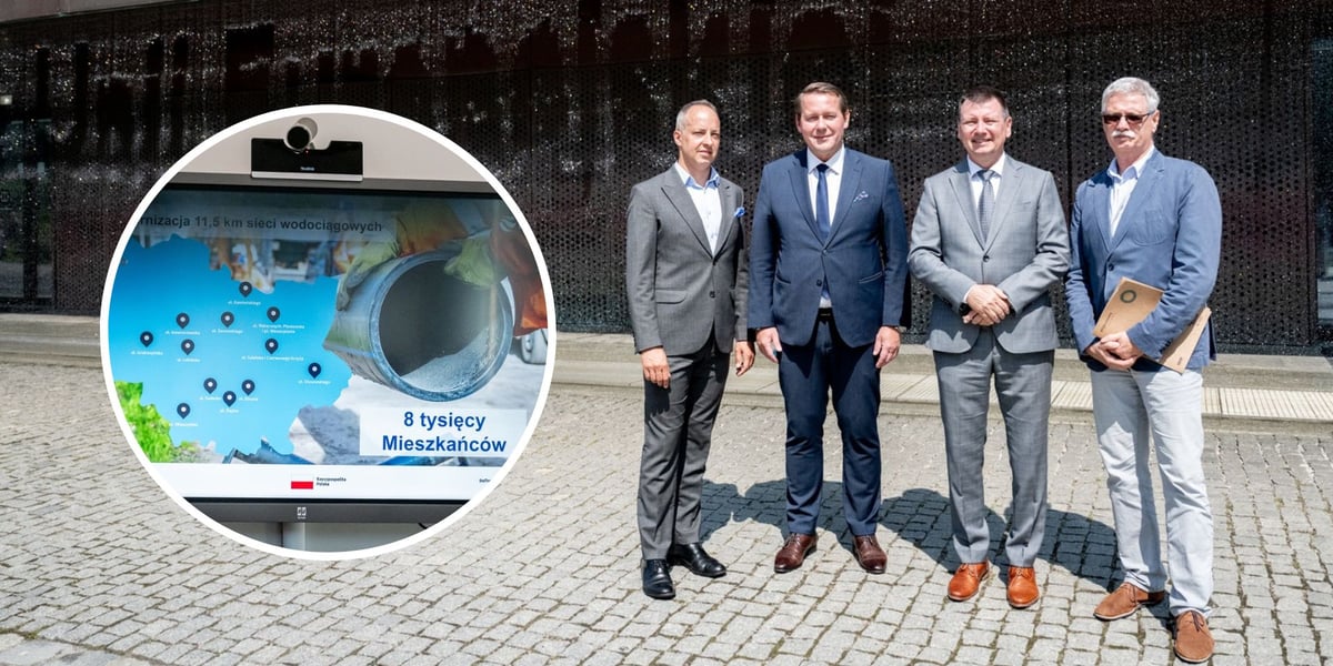 Na dużym zdjęciu od lewej Przemysław Gałecki, wiceprezes MPWiK, wiceprezydent Wrocławia Michał Młyńczak, prezes MPWiK Witold Ziomek, dyrektor operacyjny Wojciech Stanek, na małym zdjęciu w kółku plansza ilustracyjna do projektu unijnego