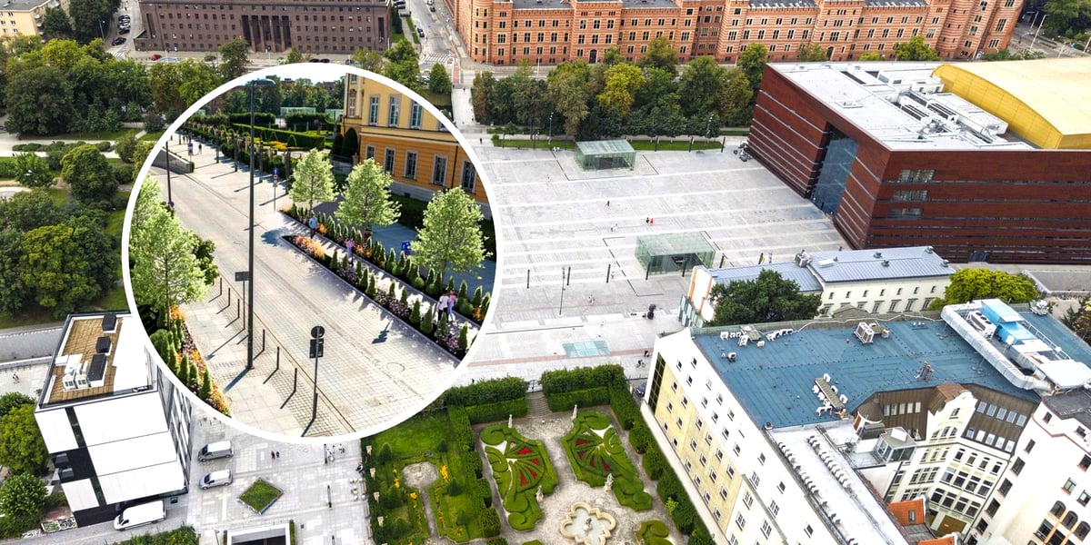 Na głównym zdjęciu plac Wolności we Wrocławiu przed remontem nawierzchni i odwodnienia (sierpień 2025 r.), w kółeczku wizualizacja zielonej ulicy Zamkowej.