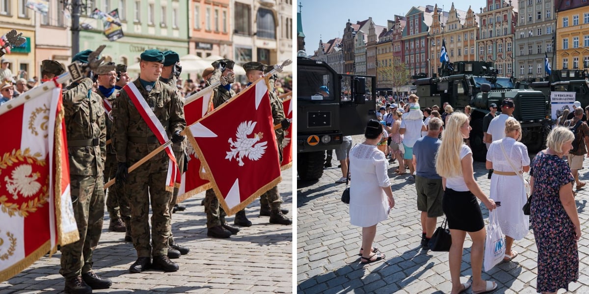 Żołnierze w mundurach z flagami w rękach, kobiety, mężczyźni i dzieci w tle sprzęt wojskowy. 15 sierpnia 2025 r. obchody Święta Wojska Polskiego we Wrocławiu 