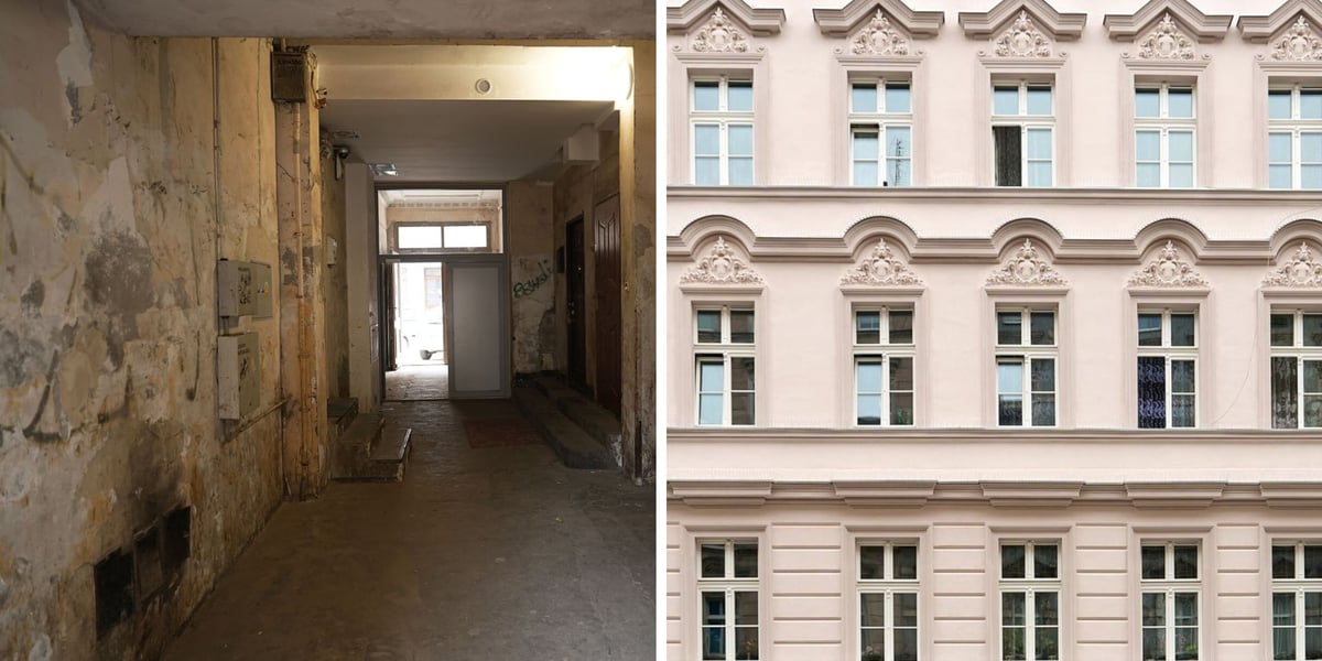 Klatka kamienicy Więckowskiego 20 przed remontem | odnowiona fasada tej samej kamienicy 