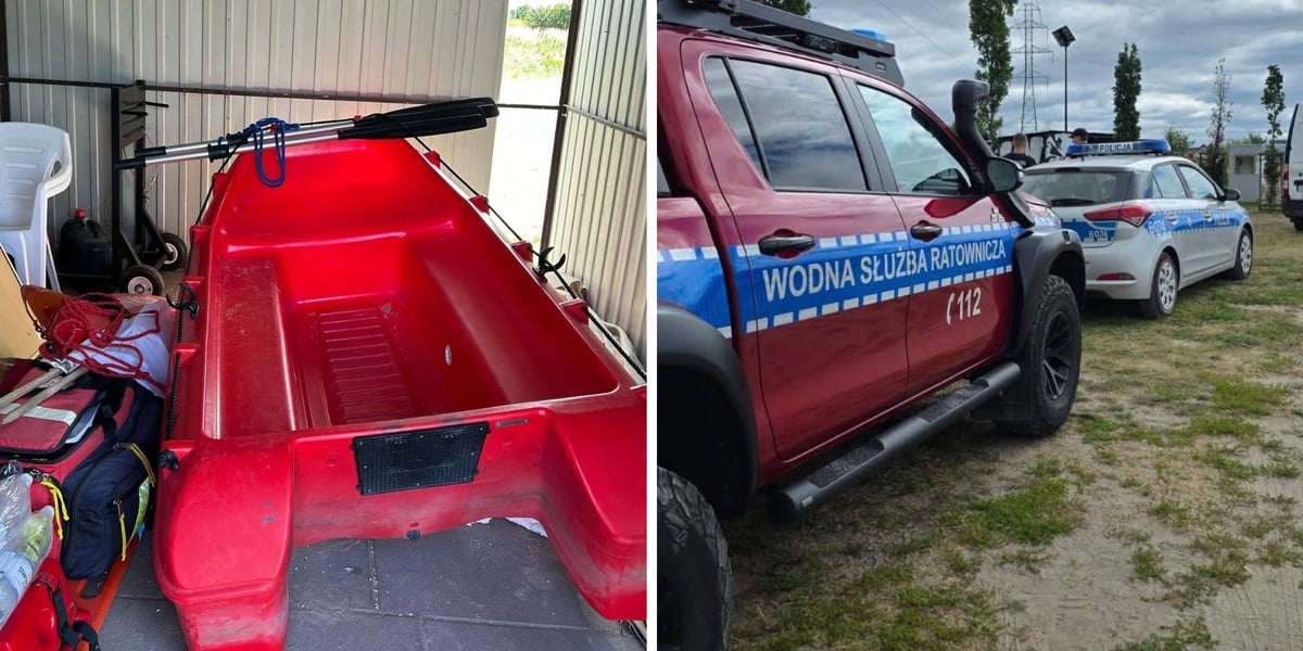 Skradziono silnik do łodzi motorowej ratowników, w tle wóz WSR i radiowóz policji 