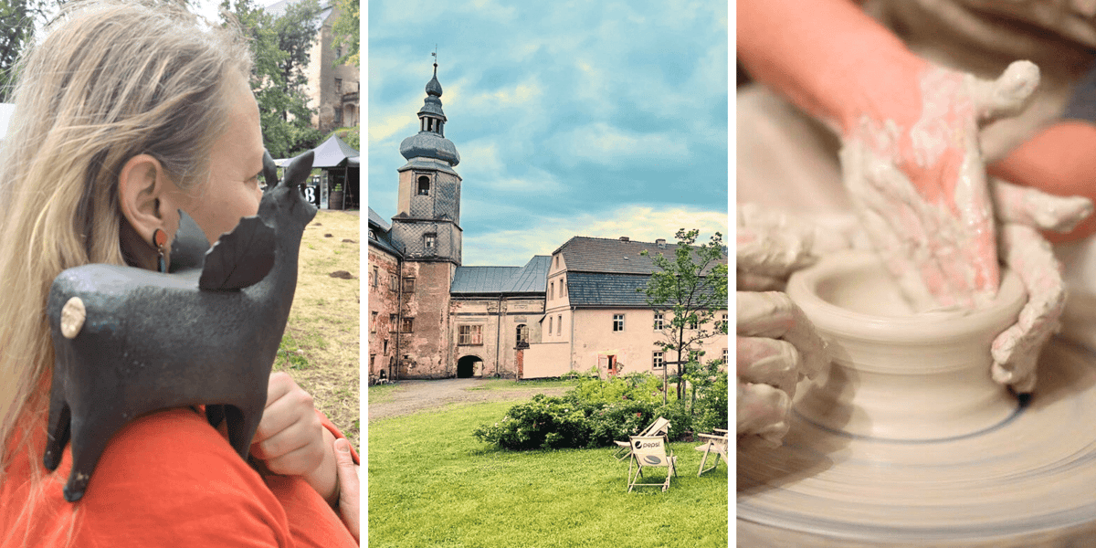 Kolaż 3 zdjęć związanych z CeramikFest w Zamku Sarny w Ścinawce Górnej. Od lewej: praca Barbary Trzybulskiej, Zamek Sarny, koło garncarskie