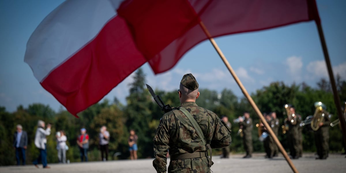 Żołnierz pod łopoczącą flagą Polski