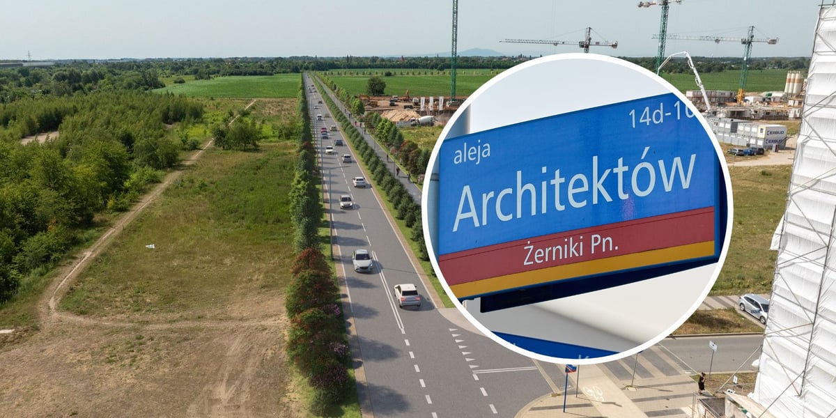 Duża ilustracja przedstawia wizualizację przedłużonej al. Architektów, na małym zdjęciu w kółku widać tabliczkę z nazwą alei 