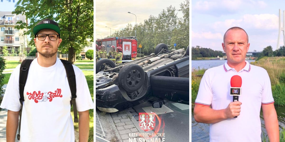 Mężczyzna w czapce, zniszczony samochód, mężczyzna z mikrofonem. Od lewej strony: Krystian Stęclik, po prawej stronie: Mariusz Kowalik, robią portal Kąty Wrocławskie na sygnale