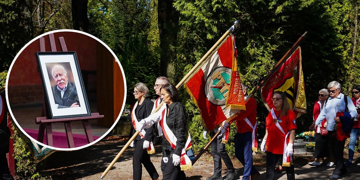 Na dużym zdjęciu poczet sztandarowy podczas pogrzebu Tadeusza Zatheya, na małym zdjęciu w kółku Tadeusz Zathey na zdjęciu