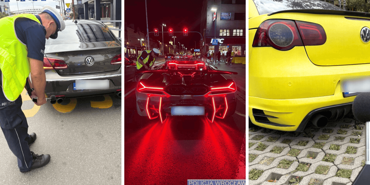 Trzy różne samochody; od lewej policjant sprawdzający poziom hałasu, w środkowym kafelku samochód nocą, w prawym, żółte auto stanowi tło dla sonopanu