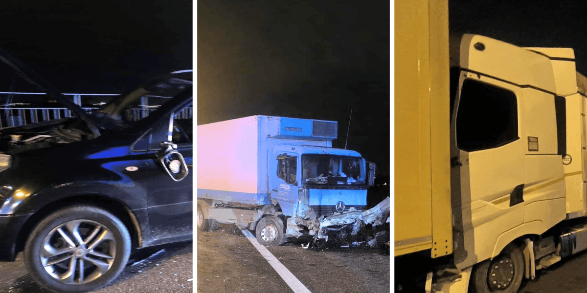 Z lewej rozbite auto osobowe, w środku ciężarówka z samochodem osobowym, po prawej dwie ciężarówki