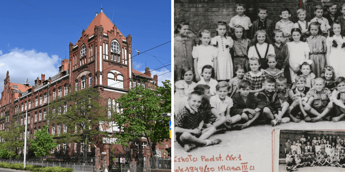 Zestawienie 2 zdjęć: z lewej budynek SP nr 1 przy Nowowiejskiej, z prawej czarno-białe zdjęcie grupy uczniów z kroniki szkolnej - rocznik 1949-50