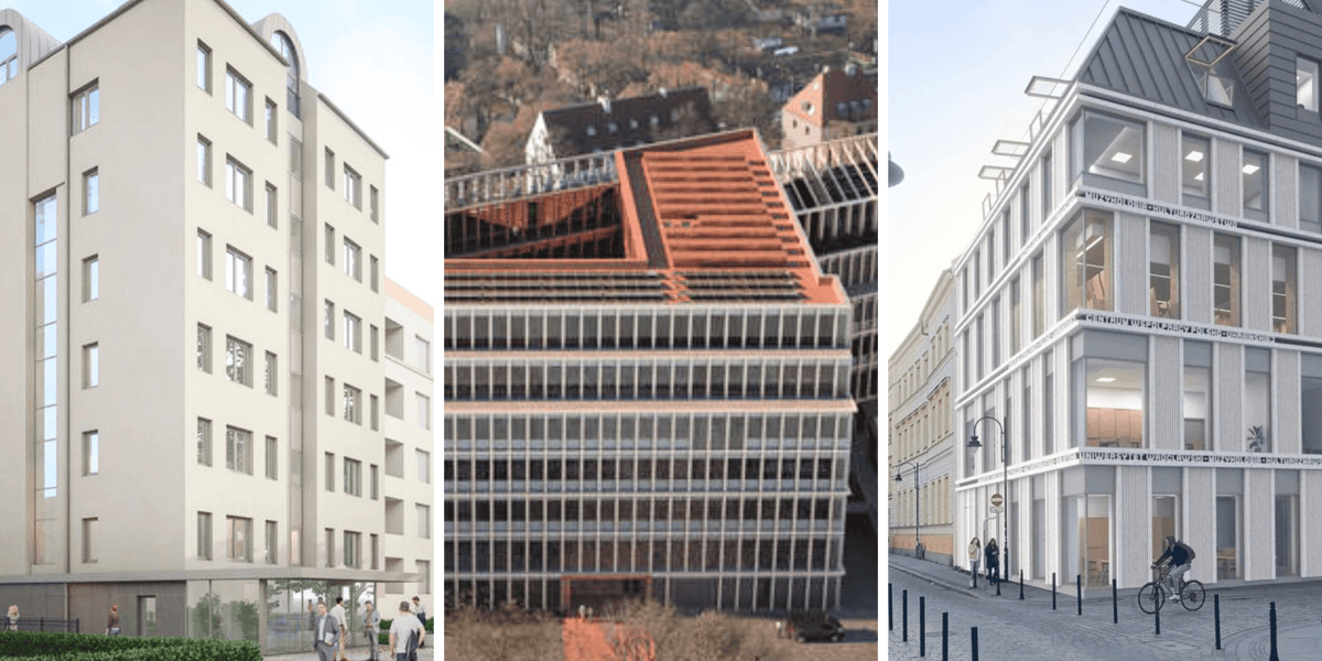 Wizualizacje budynków na uczelniach. Od lewej strony: wizualizacja budynku C-11 w kampusie PWr, wizualizacja Centrum Technologii Medycznych PWr, wizualizacja Centrum Współpracy Polsko-Ukraińskiej UWr