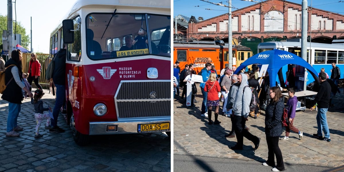 Dzieci, kobiety i mężczyźni, zabytkowy autobus i tramwaj. 27 września 2025 r.  Dzień Otwarty w Zajezdni Popowice