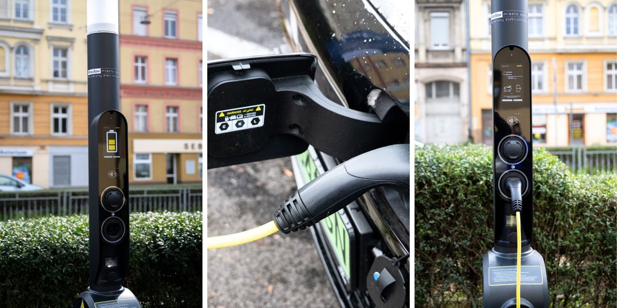 Kolaż trzech zdjęć, na których widać słupek ładujący i kabel podłączony do auta | parking przy skrzyżowaniu Kniaziewicza i Pułaskiego | 1 października 2025