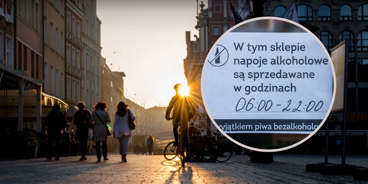 Ludzie na Rynku we Wrocławiu, kartka z wrocławskiego sklepu z godzinami sprzedaży alkoholu