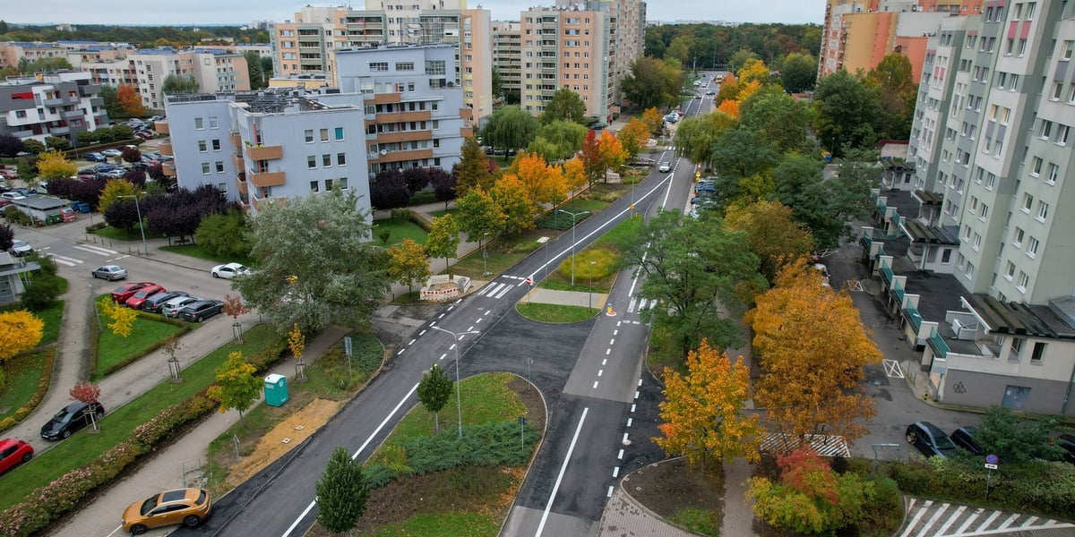 Budynki mieszkalne, ulice, drzewa. Ulica Bajana na Gądowie z lotu ptaka, 11 października 2025 r.