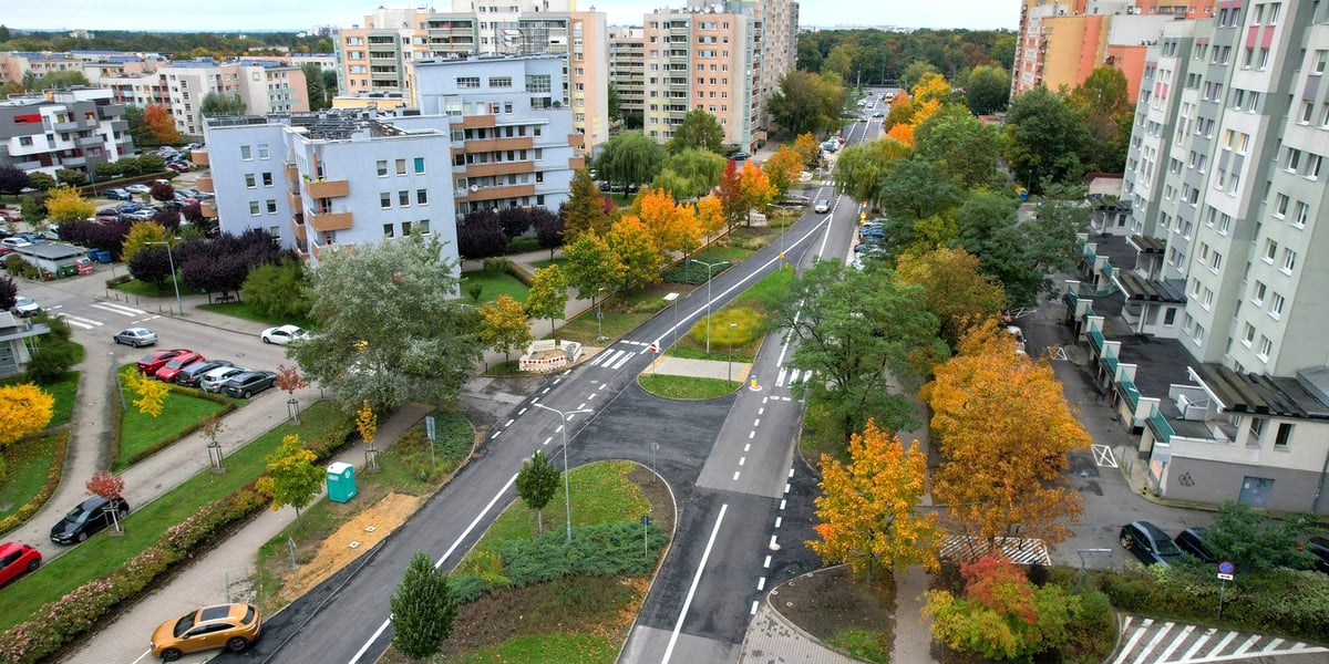 Budynki mieszkalne, ulice, drzewa. Ulica Bajana na Gądowie z lotu ptaka, 11 października 2025 r.