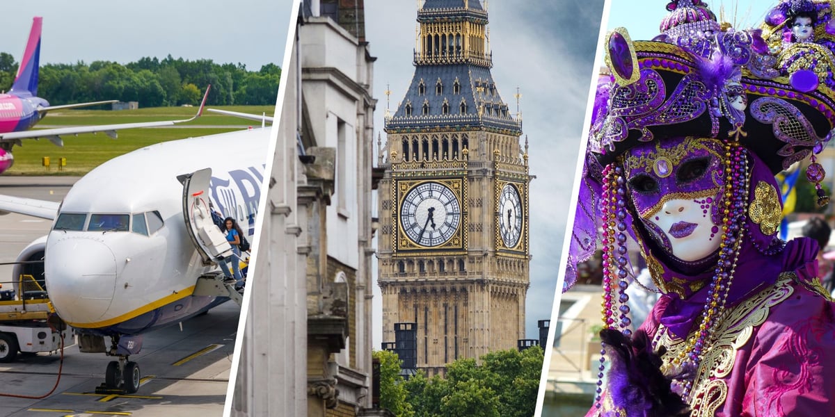 Samolot na wrocławskim lotnisku | wieża zegarowa Big Ben w Londynie | postać w kostiumie i masce w Wenecji