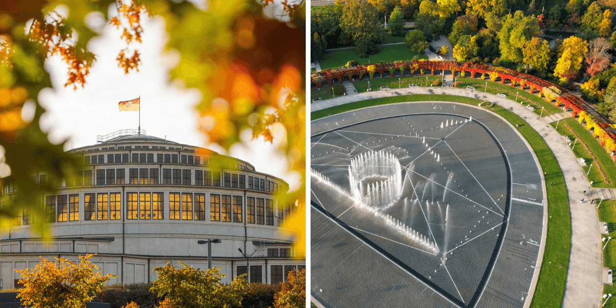 Zestawienie dwóch zdjęć: jesień we Wrocławiu - Hala Stulecia (z lewej) i Pergola - widok z góry. 