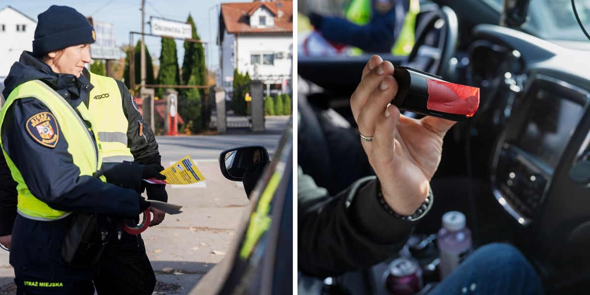 Strażniczka miejska w mundurze daje kierowcy ulotkę, mężczyzna trzyma w ręku zaklejoną taśmą kamerę. Na parking wojskowy przy cmentarzu Osobowickim tylko bez kamer samochodowych
