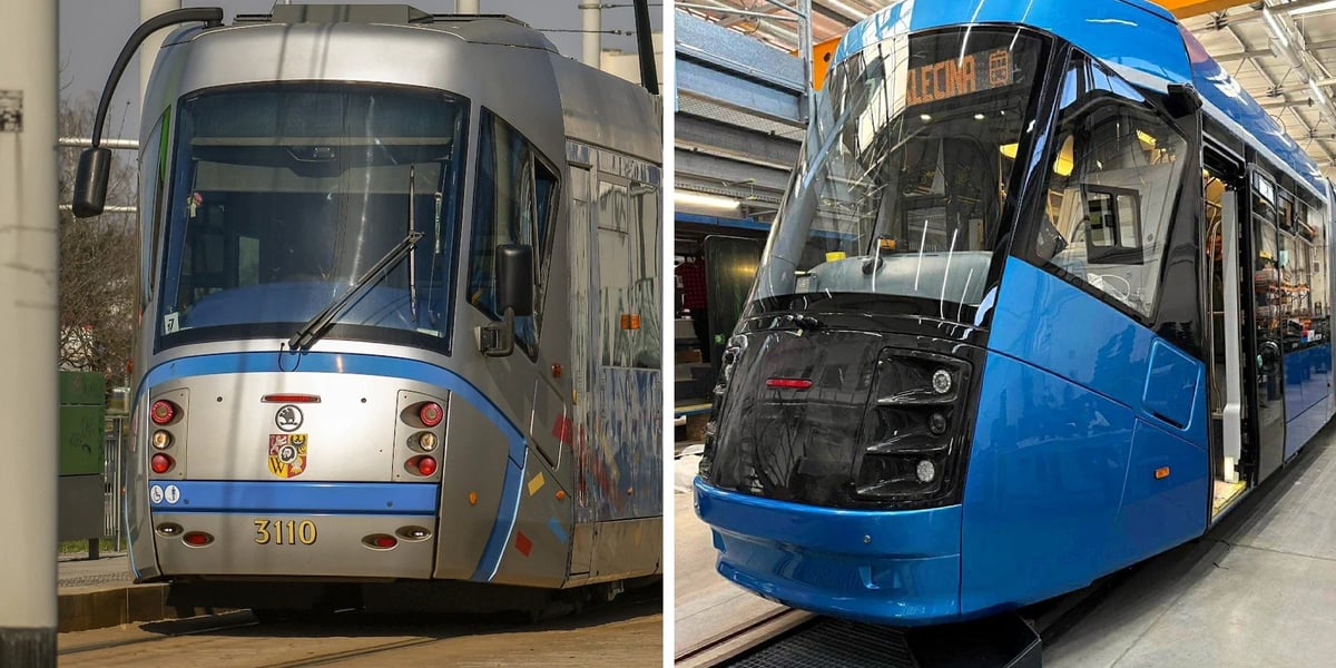 Po lewej stronie zdjęcie Skody 19T przed modernizacją, po prawej po modernizacji. 