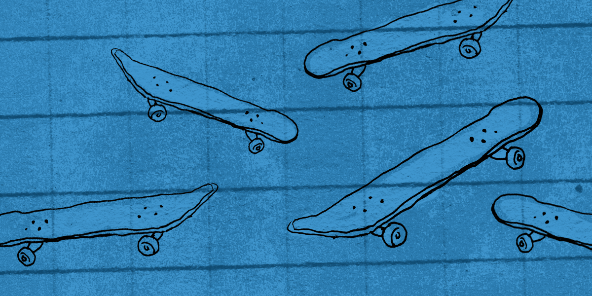 Deskorolki na niebieskim tle. Grafika ilustracyjna.