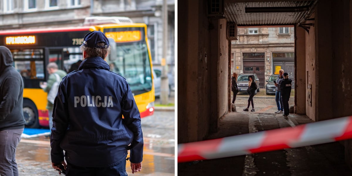 Zdjęcie dzielone na pół: po lewej policjant zabezpieczający miejsce, gdzie znaleziono niewybuch; po prawej wejście na podwórko, gdzie przy okazji remontu znaleziono niewybuch.