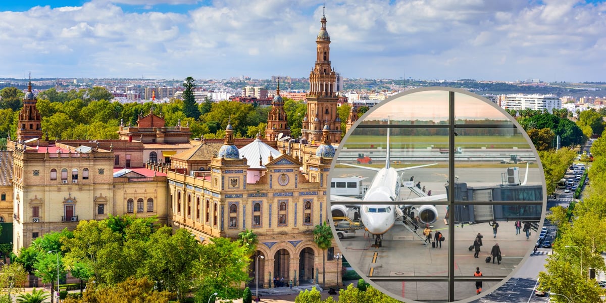 Panorama Sewilli | samolot Ryanaira na wrocławskim lotnisku widziany przez szybę terminala