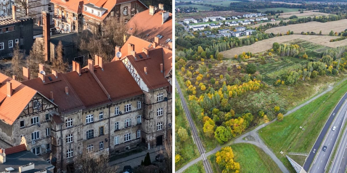 Z lewej: kamienice na Brochowie do remontu, z prawej: teren planowanego nowego parku na Wojnowie