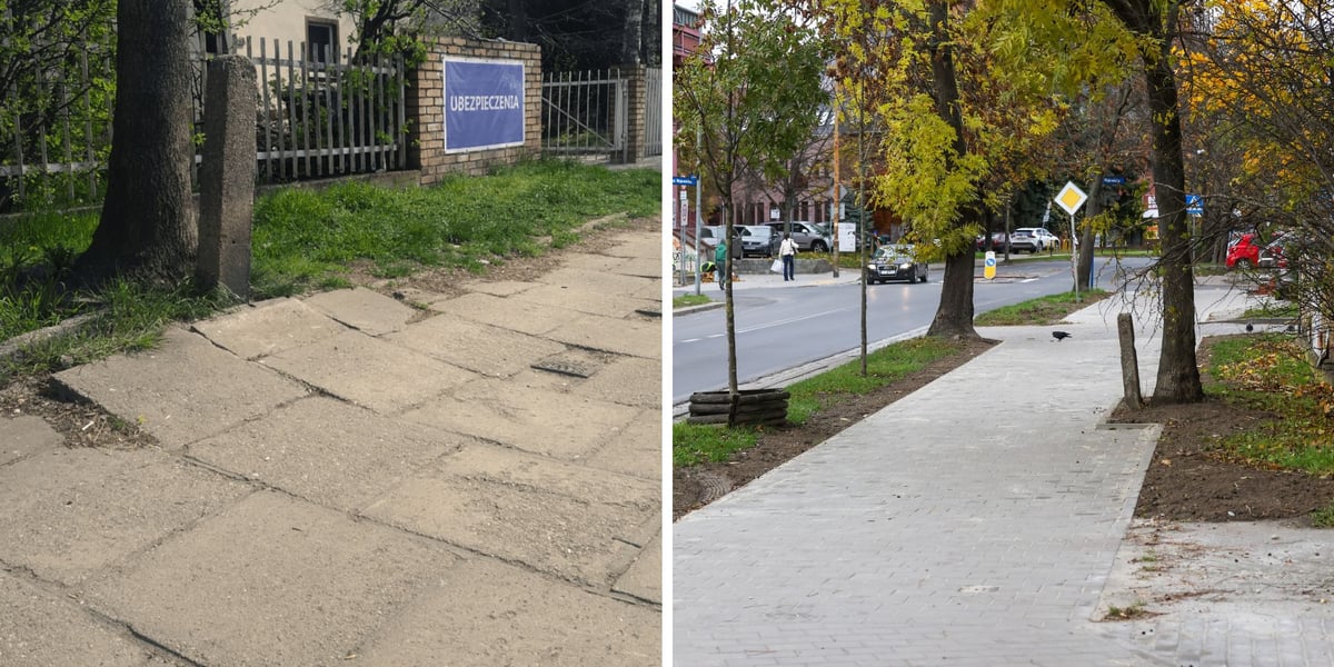 Zdjęcie dzielone na pół: po lewej chodnik na ul. Gubińskiej przed remontem; po lewej - wyremontowany chodnik na ul. Gubińskiej.