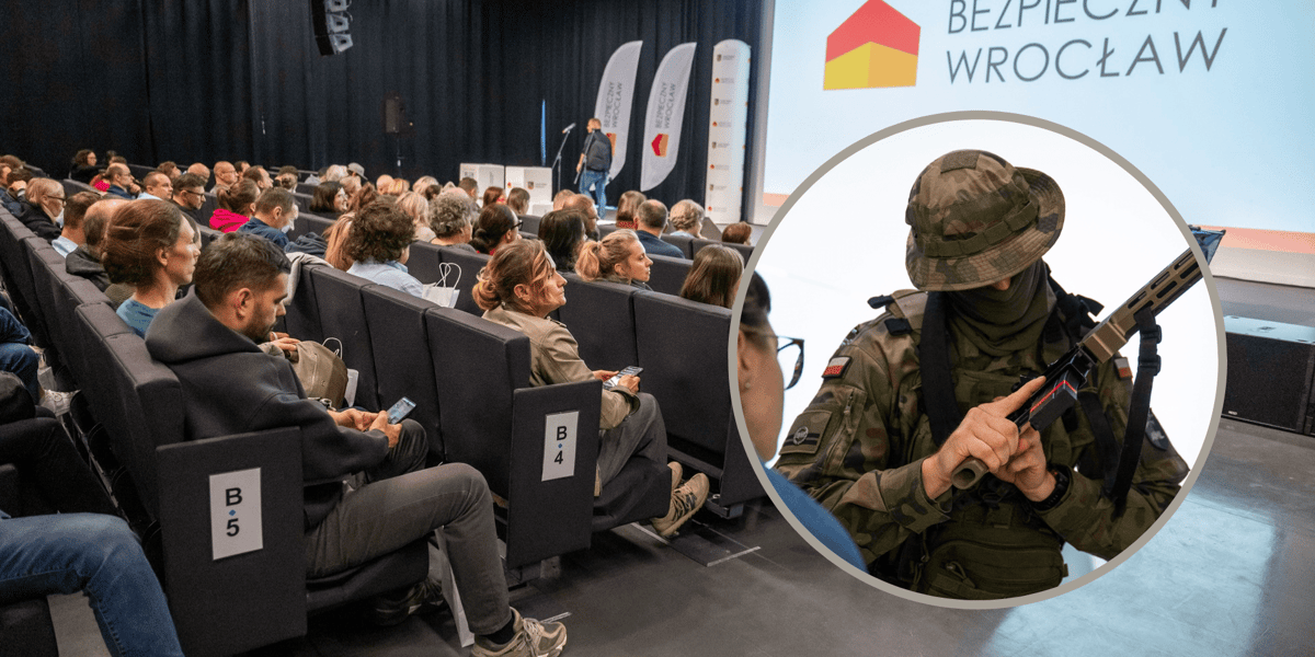 Ludzie zgromadzeni w Centrum Kongresowym Hali Stulecia, w kółku żołnierz z bronią