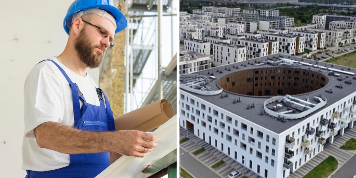 Mężczyzna w kasku na budowie, budynek TBS Wrocław na Nowych Żernikach, zdjęcie z drobna