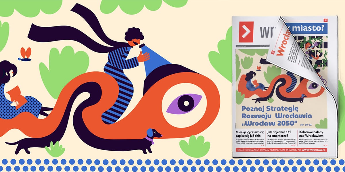 Grafika wykonana do zilustrowania Strategii Rozwoju Wrocławia "Wrocław 2050" - dwie postacie (kobieta i mężczyzna) na napisie WRO