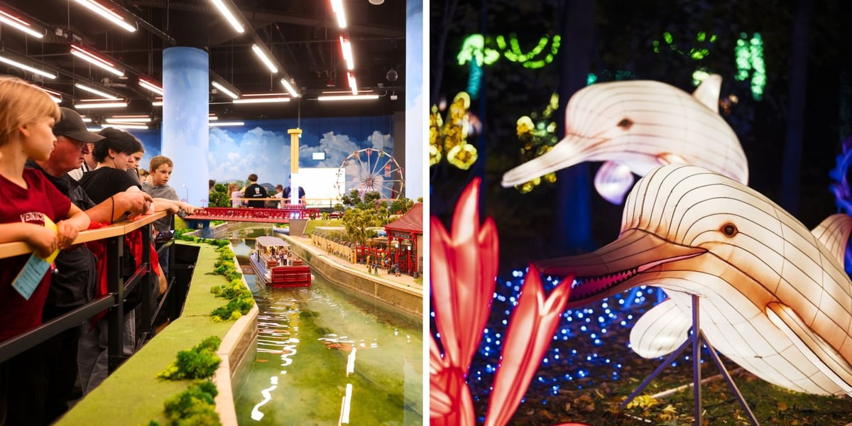 Po lewej: makieta w Kolejkowie, po prawej: wystawa Garden of Lights