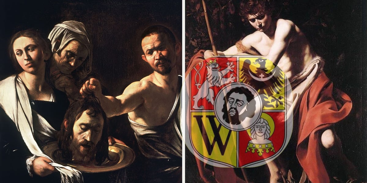 Ścięta głowa Jana Chrzcicieli trzymana za włosy przez mężczyznę i Salome z tacą na obrazie Caravaggia | herb Wrocławia z głową św. Jana Chrzciciela na centralnym polu | młody Jan Chrzciciel opasany skórą wielbłąda i wspierający się na drewnianym krzyżu na obrazie Caravaggia 