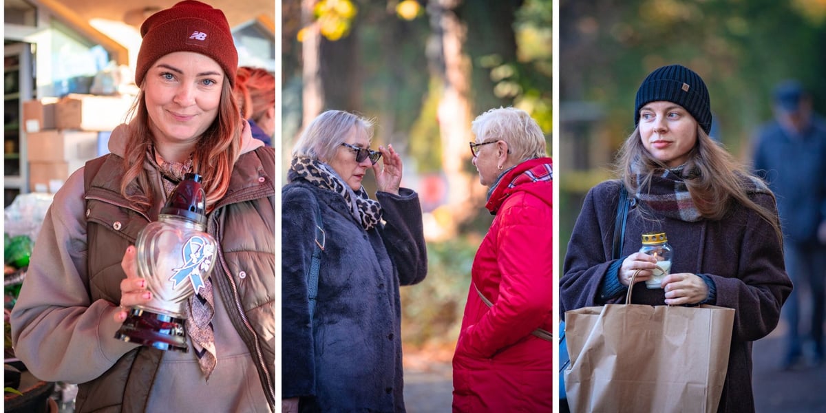 Dwie kobiety ze zniczami i dwie inne rozmawiające ze sobą kobiety na alejce na cmentarzu Osobowickim, 1 listopada 2025