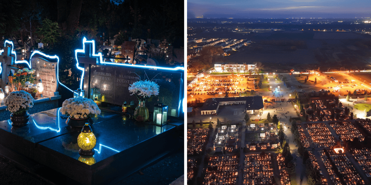 Cmentarze: Grabiszyński (po lewej) i na Psim Polu (po prawej) nocą