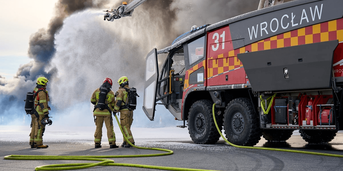 Strażacy gaszą pożar przy autobusie, który imituje samolot, podczas ćwiczeń służb na pasie startowym na lotnisku, 5 listopada 2025
