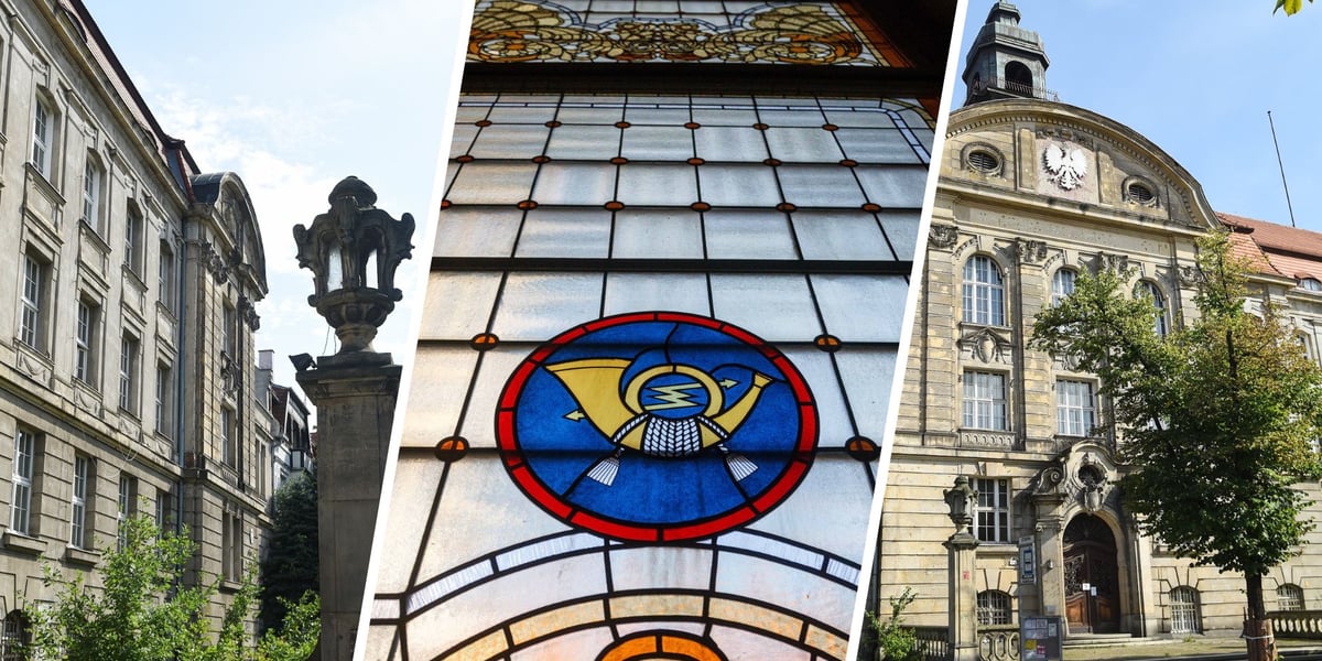 Neobarokowy zabytek przy Powstańców Śląskich z zewnątrz oraz witraż z godłem poczty w środku