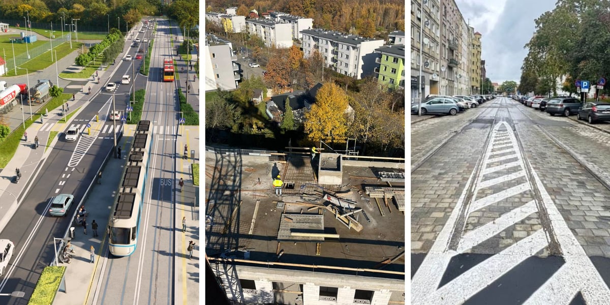 Zdjęcie dzielone na trzy części - od lewej - wizualizacja linii tramwajowej na Swojczyce; w środku budowa domu w ramach inwestycji Leśnica X; z prawej - wodok na odcinek ul. Zielińskiego, który zostanie przebudowany.