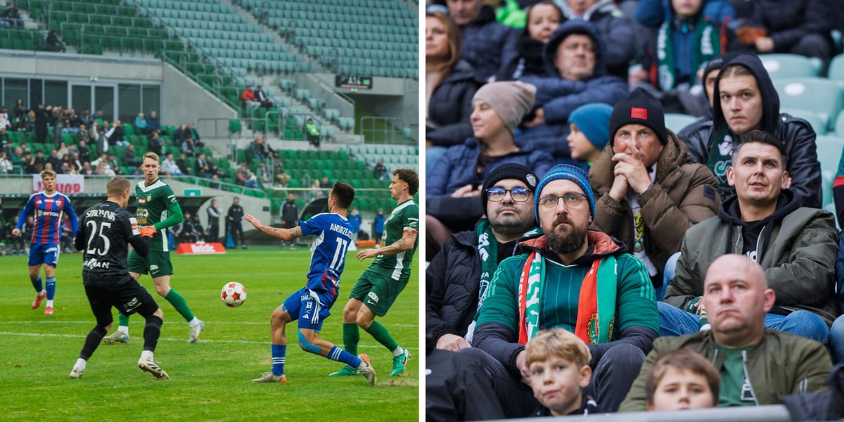 Zdjęcie dzielone na pół: po lewej akcja piłkarzy na boisku, po prawej - kibice na trybunach. Mecz Śląsk Wrocław - Polonia Bytom.