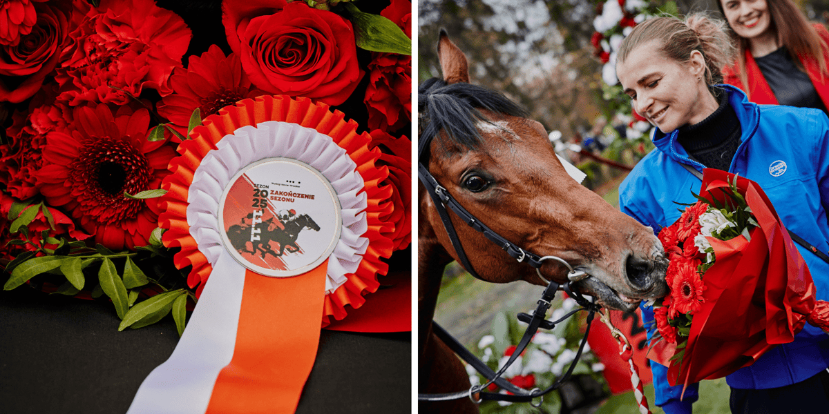 Zestawienie dwóch zdjęć: z lewej biało-czerwony kotylion i kwiaty, z prawej kobieta i koń z głową w kwiatach