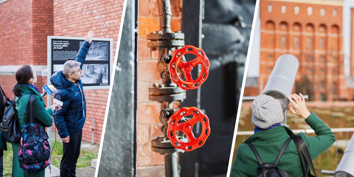 Przewodnik z Hydropolis przy tablicy edukacyjnej, fragment instalacji w kotłowni, osoba patrząca przez lunetę w kierunku wieży ciśnień (13 listopada 2025)