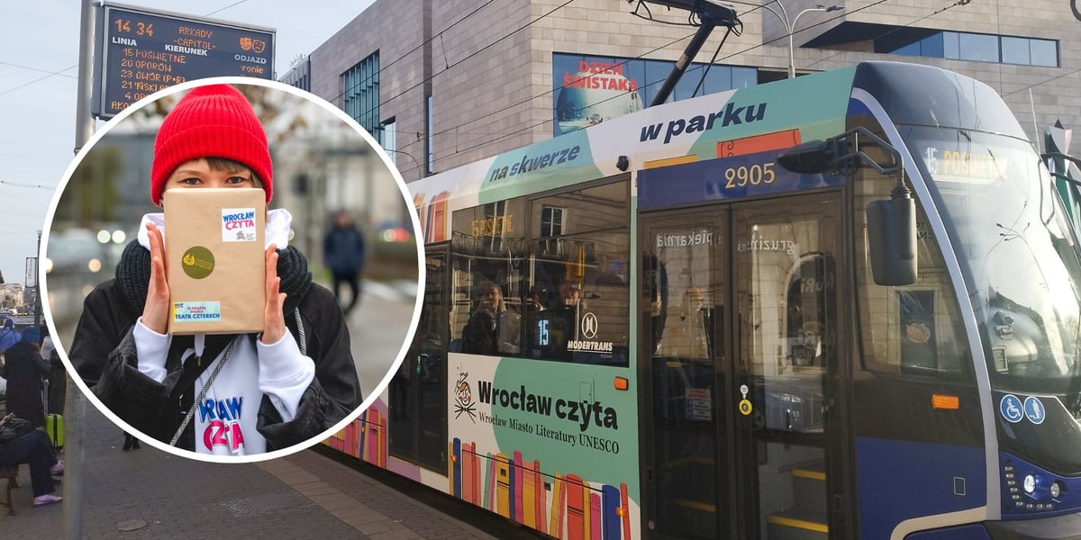 Na dużym zdjęciu Tramwaj BookTram promujący akcję „Wrocław czyta”, na małym zdjęciu w kółku osoba trzymająca przed sobą zapakowaną w papier książkę